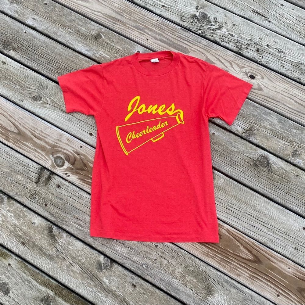80s Vintage Jones Cheerleader Single Stitch Tee XS Small Womens Red Yellow Shirt